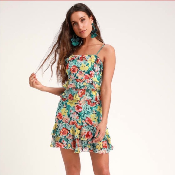 Lulu’s Feel Alive Teal Green Floral Print
Ruffled Dress - NWT - Picture 1 of 6